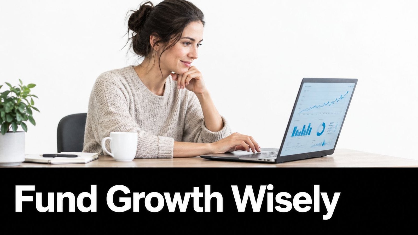 A professional woman working on a laptop displaying financial charts while sitting at a clean desk.