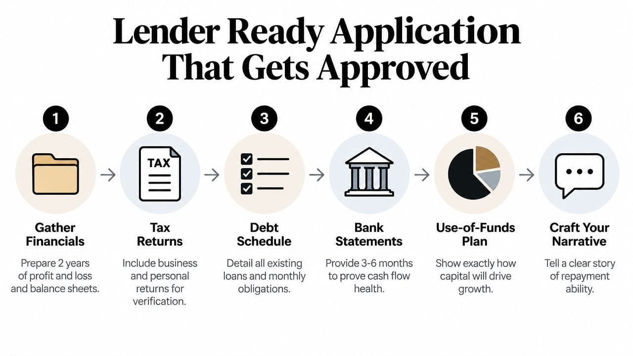 A six-step infographic guide detailing the essential documents and steps for a lender-ready business loan application.