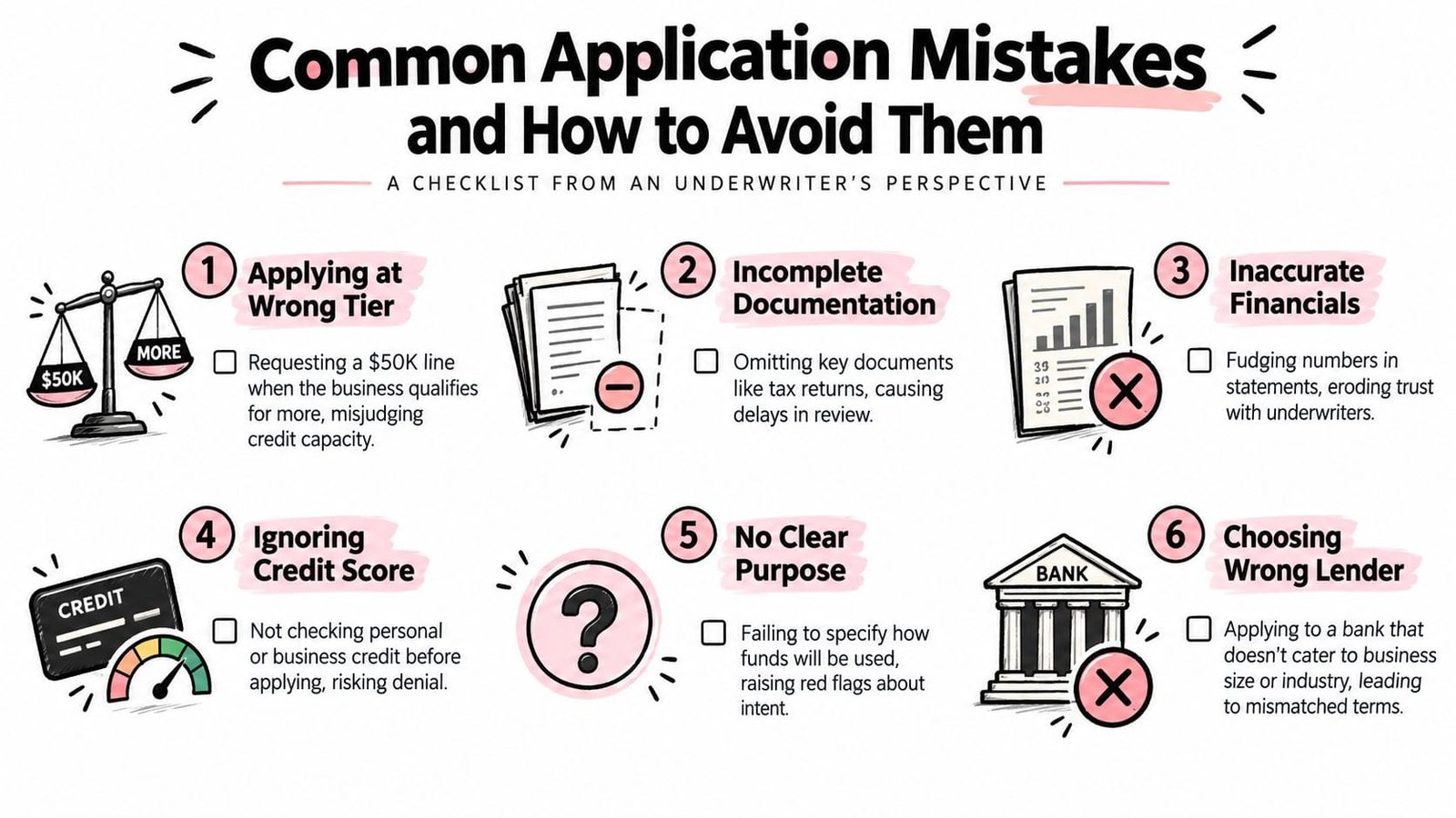 An infographic detailing six common business loan application mistakes and tips for avoiding them from an underwriter.