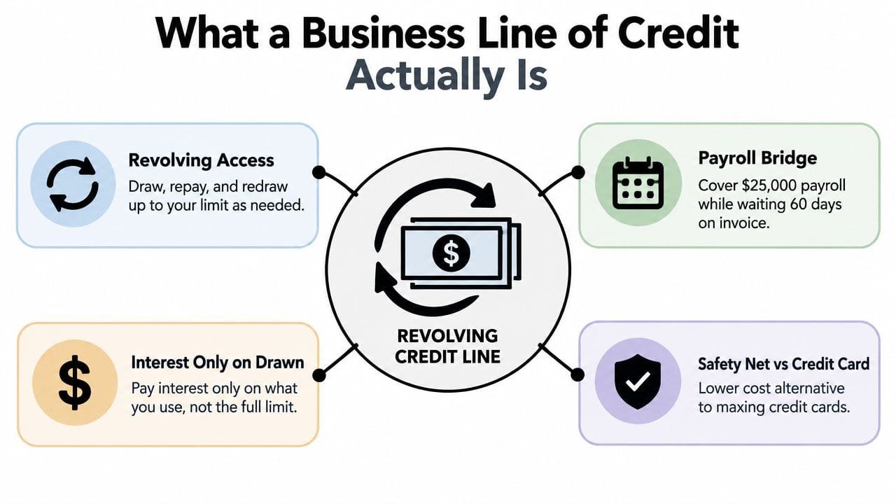 An infographic explaining a business line of credit featuring revolving access, payroll bridging, interest-only payments, and cost-effectiveness.