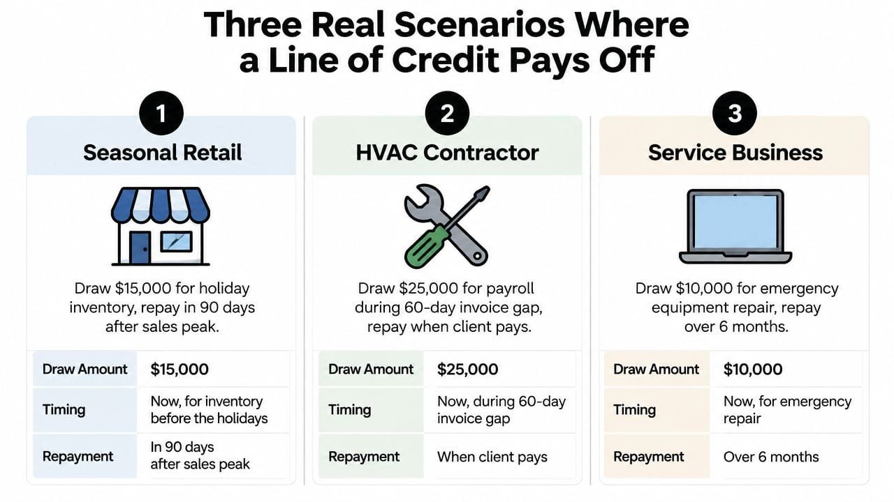 A graphic showing three business scenarios illustrating how a line of credit provides flexible financial support.