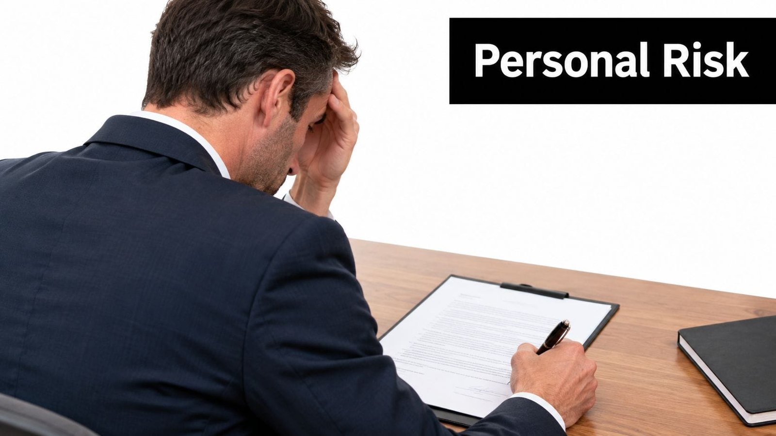 A stressed businessman in a suit sitting at a wooden desk while reviewing a legal contract.