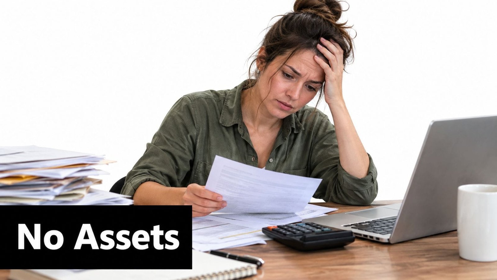 A stressed woman sitting at a desk with a stack of paperwork and a laptop computer.