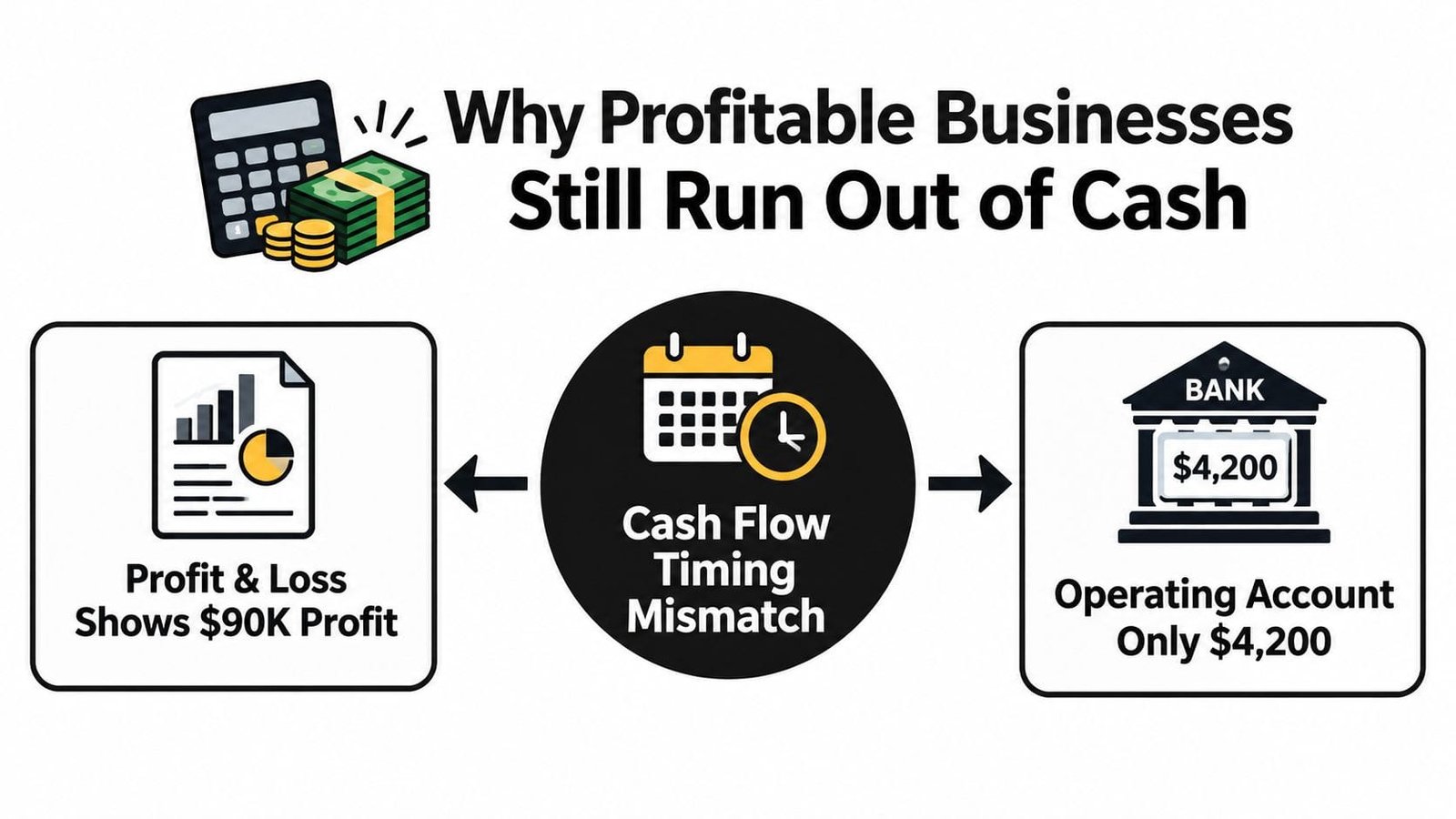 A diagram illustrating why profitable businesses run out of cash due to cash flow timing mismatches.