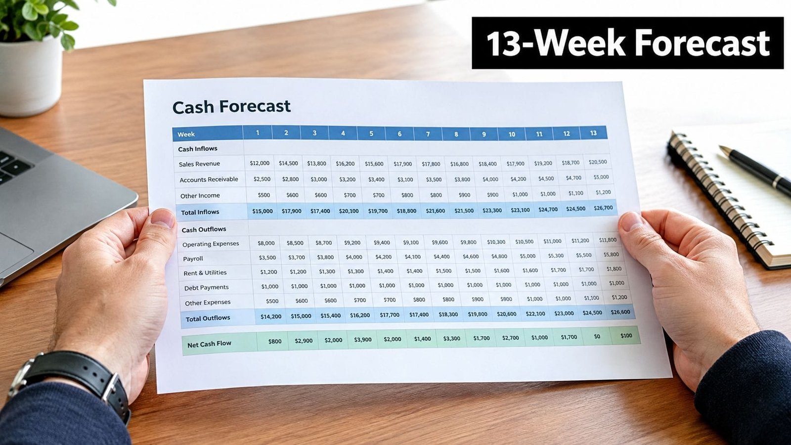 A person holding a printed 13-week cash forecast table on a wooden desk with a notebook.