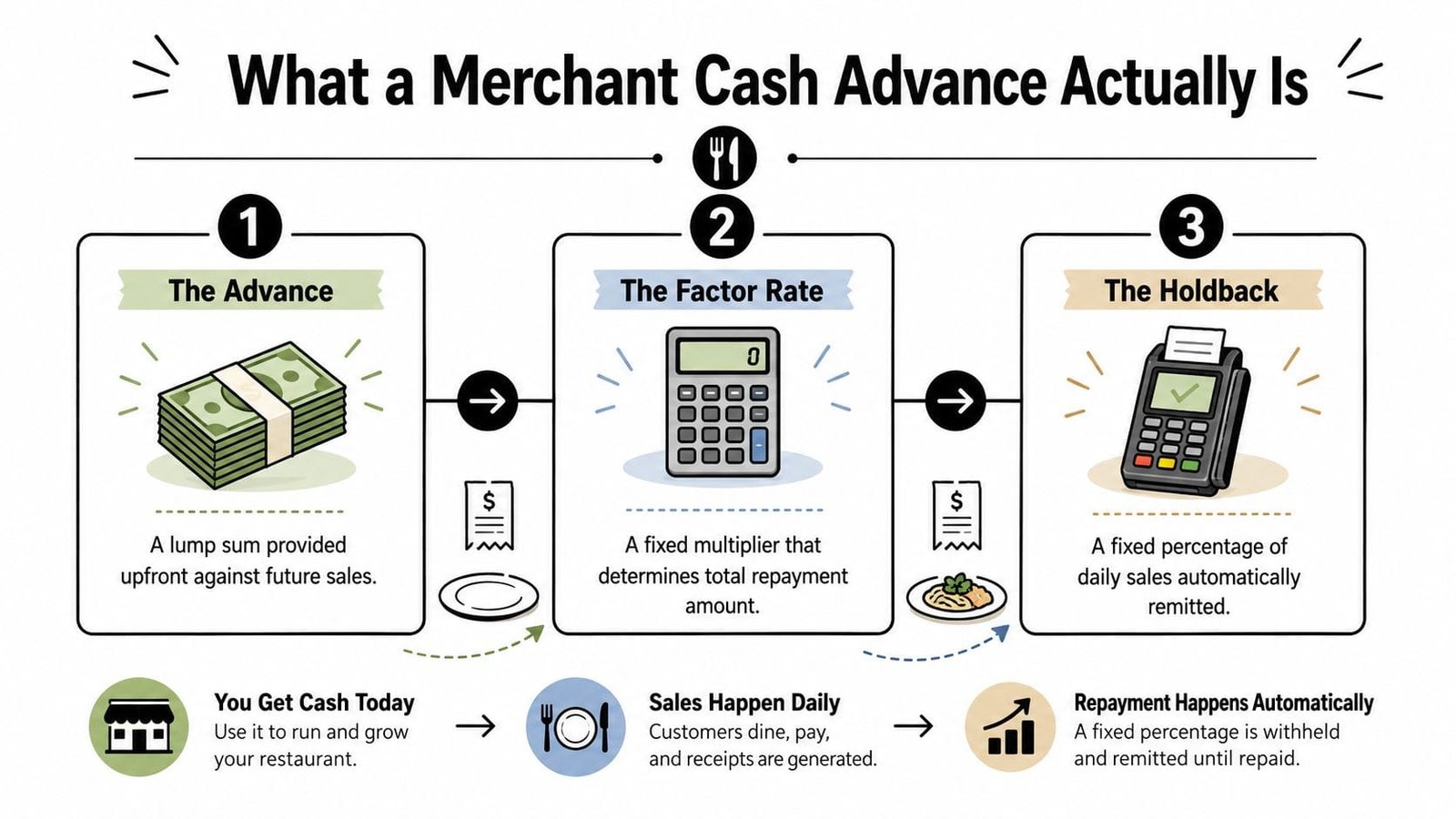 An infographic explaining how a merchant cash advance works through three steps: advance, factor rate, and holdback.