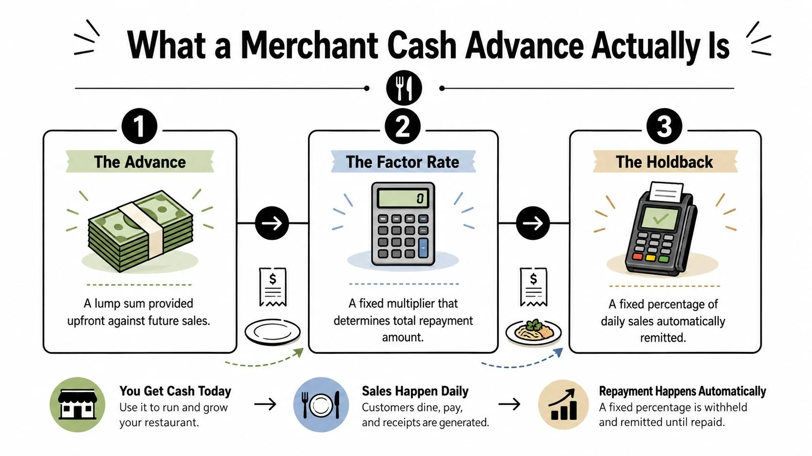 An infographic explaining how a merchant cash advance works through three steps: advance, factor rate, and holdback.