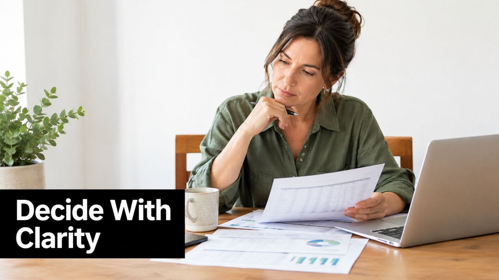 A focused woman reviewing financial documents while working at her home office desk with a laptop.