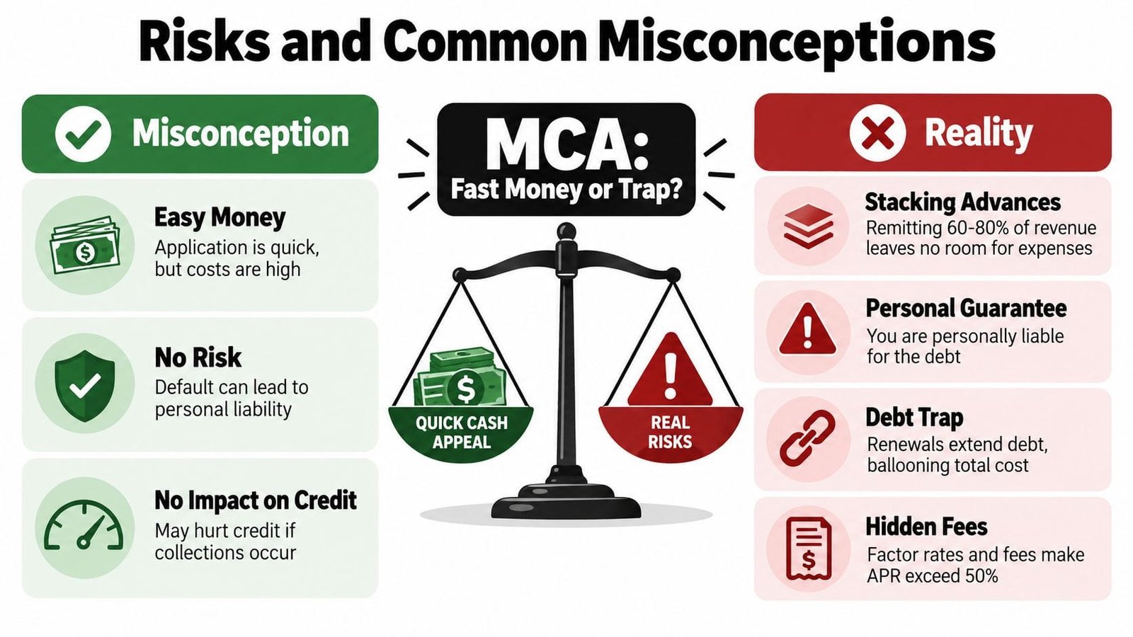 An infographic comparing the misconceptions and real risks associated with merchant cash advances for businesses.