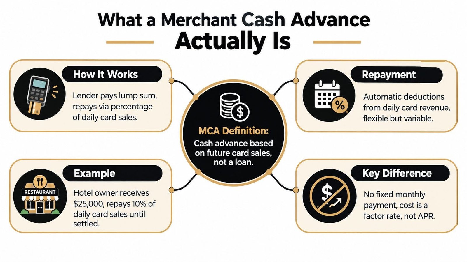 An infographic explaining merchant cash advances, including how they work, repayment terms, examples, and key differences.