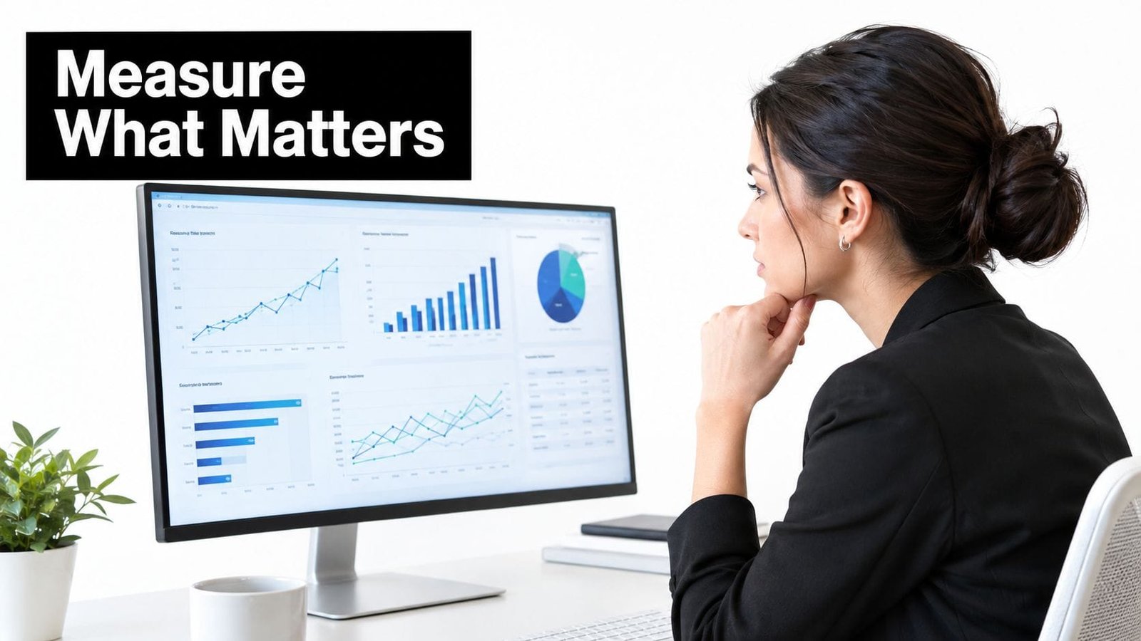A businesswoman wearing a black suit jacket analyzes data charts on a computer monitor in a bright office.