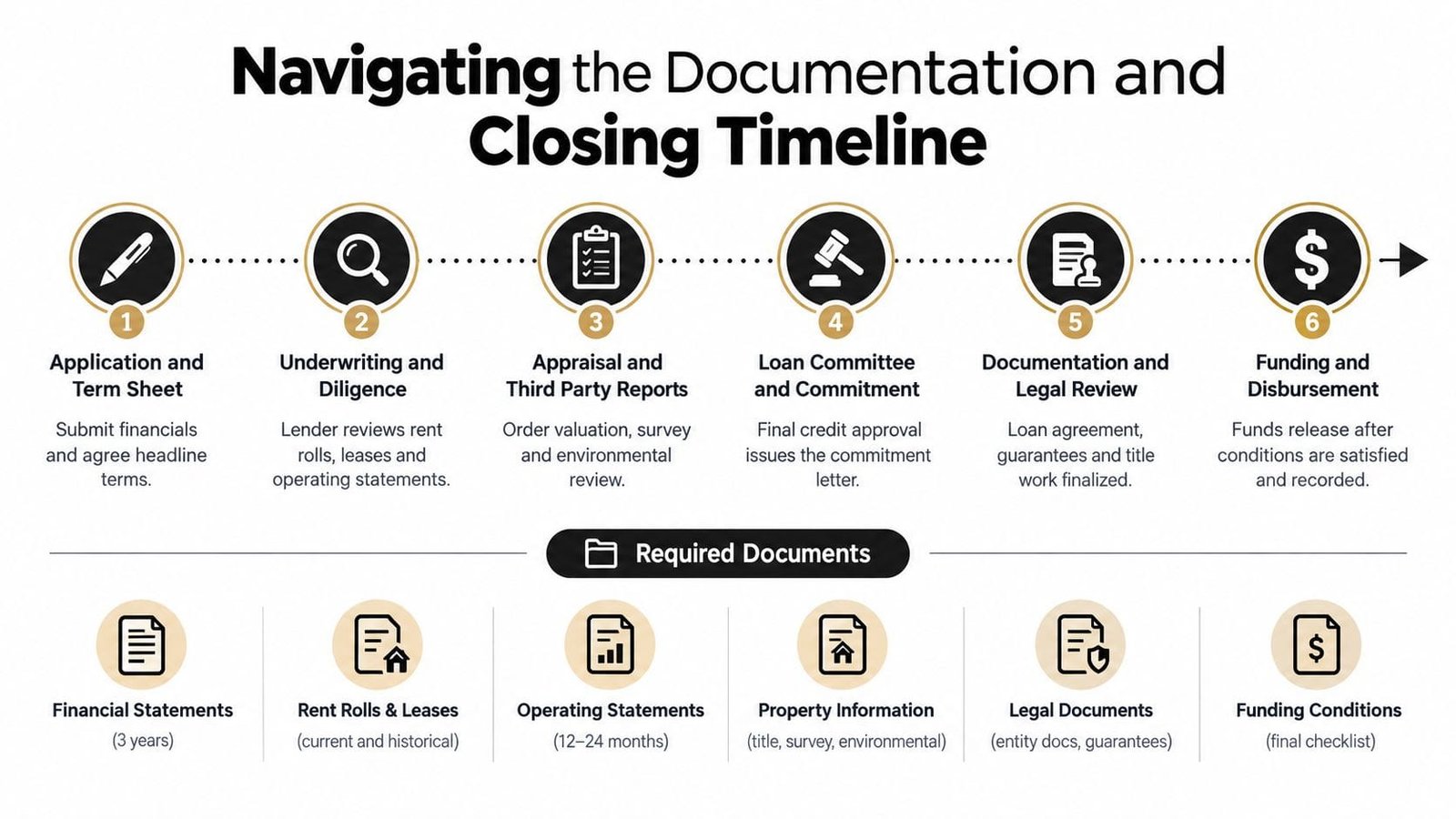 A six-step infographic illustrating the commercial loan documentation and closing process with a list of required documents.