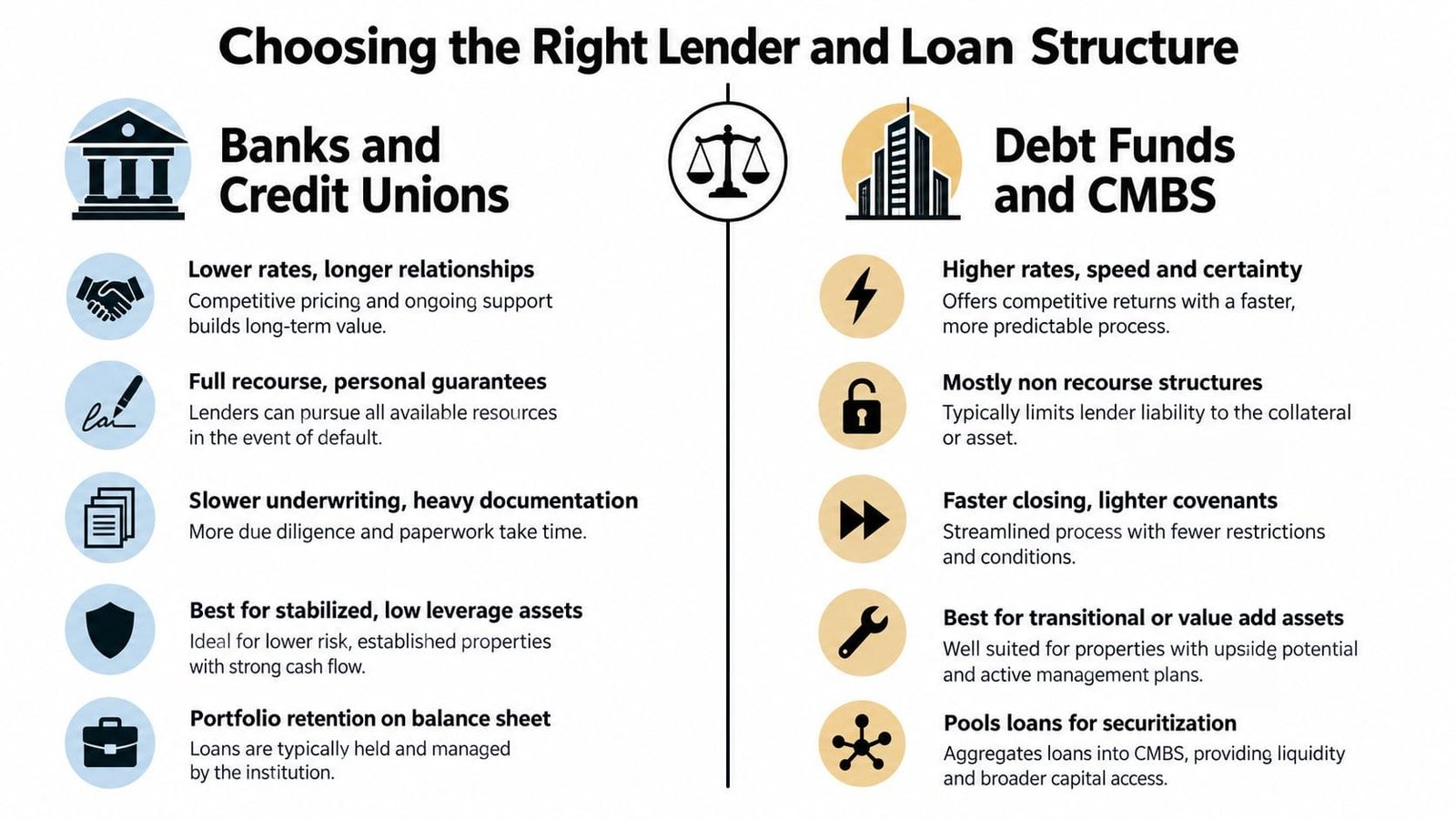 A comparison chart outlining the key differences between Banks, Credit Unions, Debt Funds, and CMBS for commercial financing.