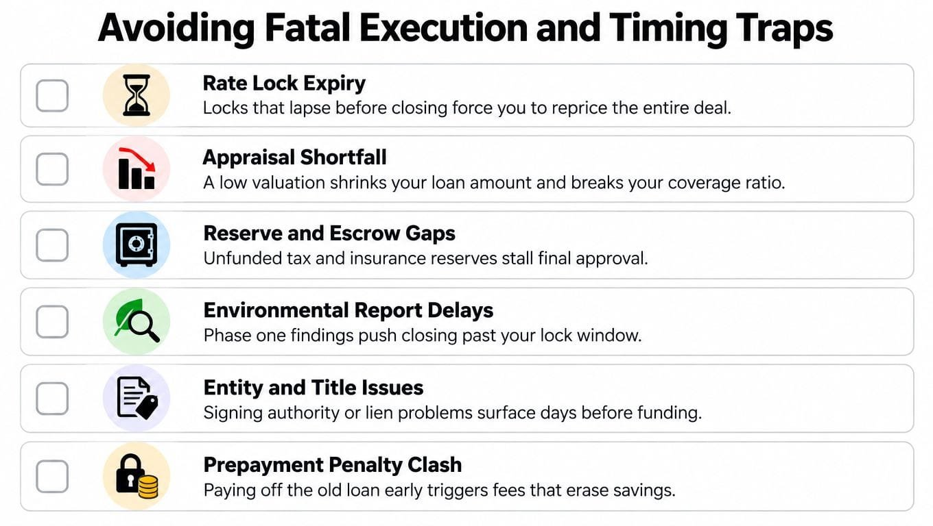 A list of potential risks and common traps to avoid when refinancing commercial real estate loans.