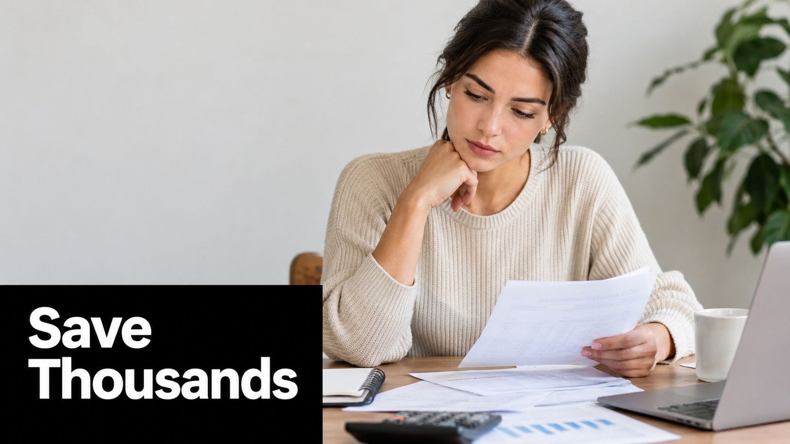 A focused young woman reviewing financial documents and paperwork at a desk with a laptop and calculator.