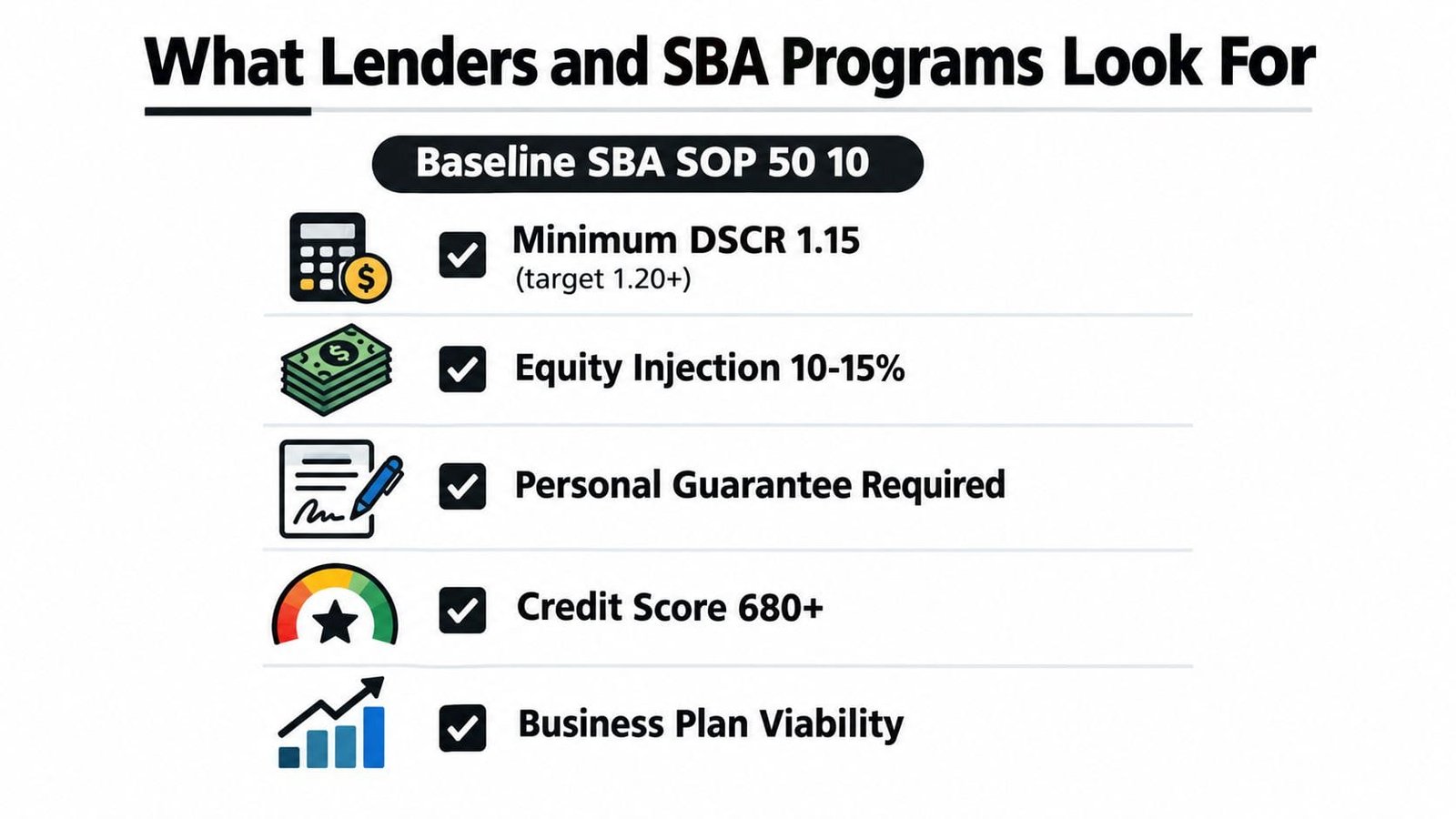 A checklist infographic outlining key requirements for SBA loan approval including credit score and equity injection.