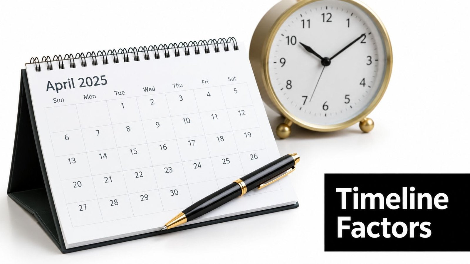 A calendar showing April 2025, a gold clock, and a black pen on a white surface.
