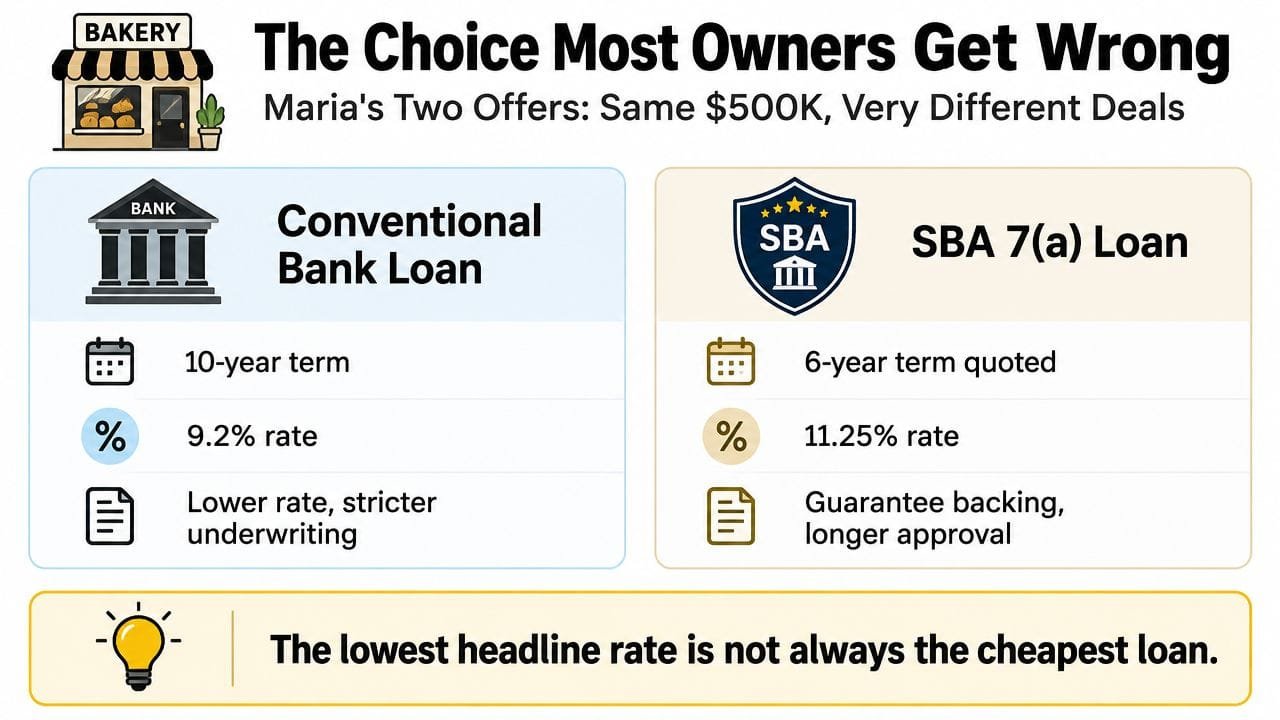 A comparison table between a conventional bank loan and an SBA 7(a) loan for business owners.