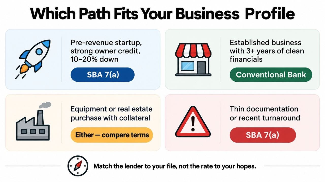 An infographic showing different business profiles and their recommended loan paths: SBA 7(a) or Conventional Bank.