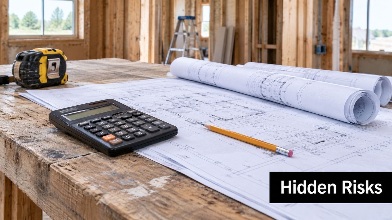 A close-up view of blueprints, a calculator, and a pencil on a wooden construction site table.