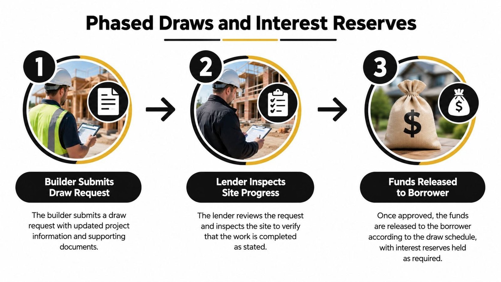 A three-step infographic explaining the process of phased construction draws and interest reserves for builders.