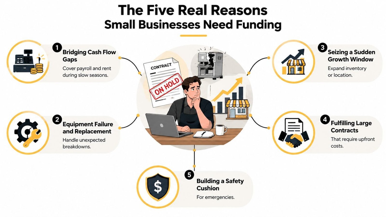 An infographic showing the five main reasons why small businesses may need to seek external funding sources.