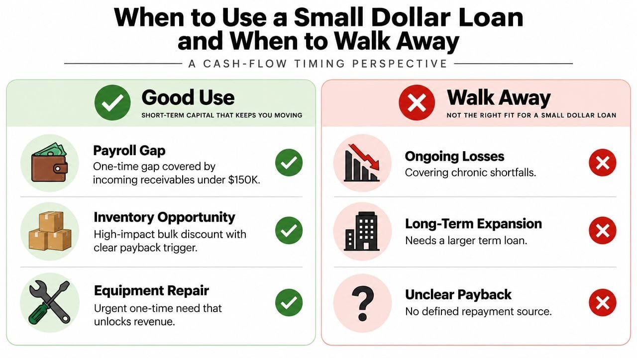 An infographic titled When to Use a Small Dollar Loan and When to Walk Away, comparing good use cases against bad ones.