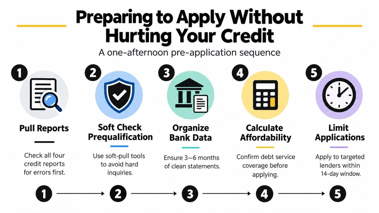 A five-step instructional guide on how to prepare for loan applications without damaging your credit score.