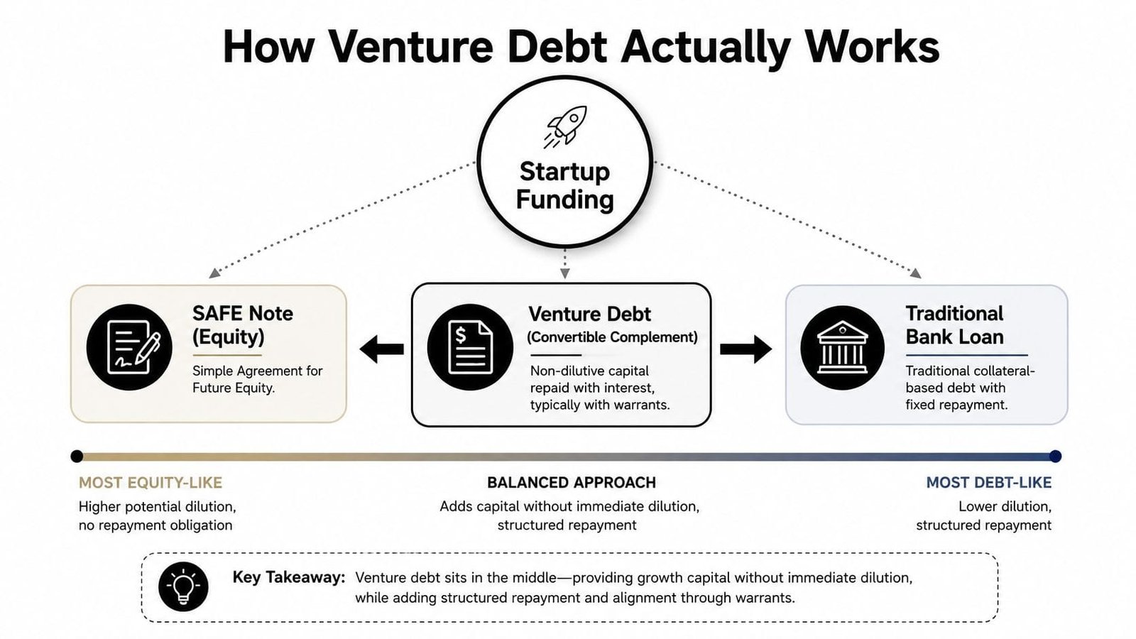 A diagram explaining how venture debt compares to equity-based SAFE notes and traditional bank loans.