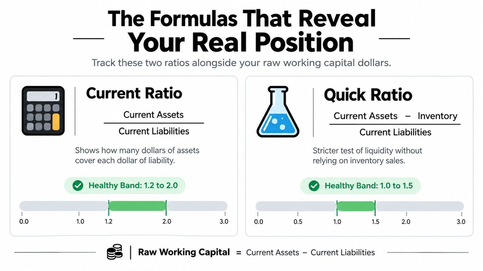 An infographic showing financial formulas for Current Ratio, Quick Ratio, and Raw Working Capital to assess business liquidity.