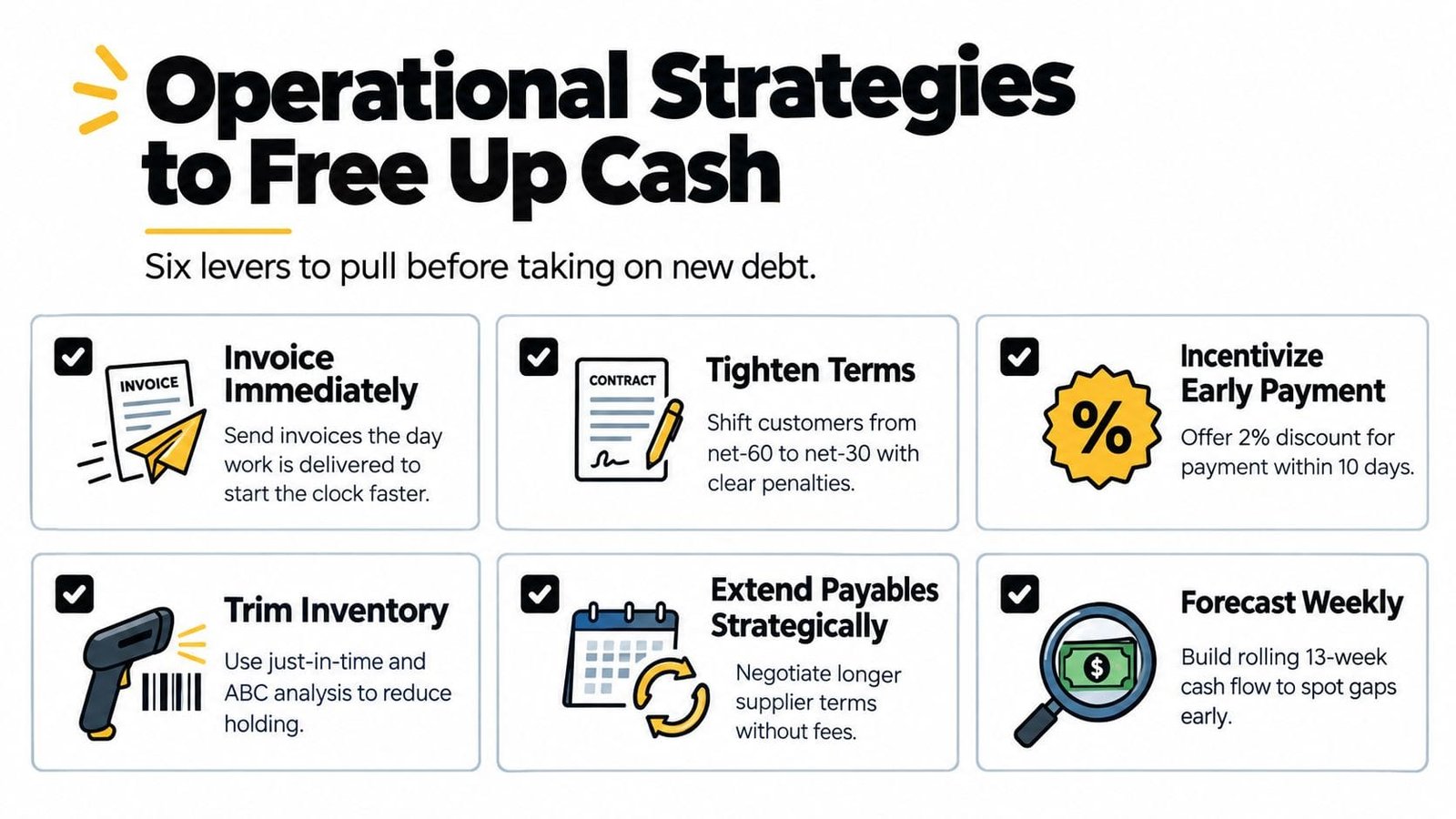 A visual guide outlining six operational strategies to improve business cash flow and working capital management.