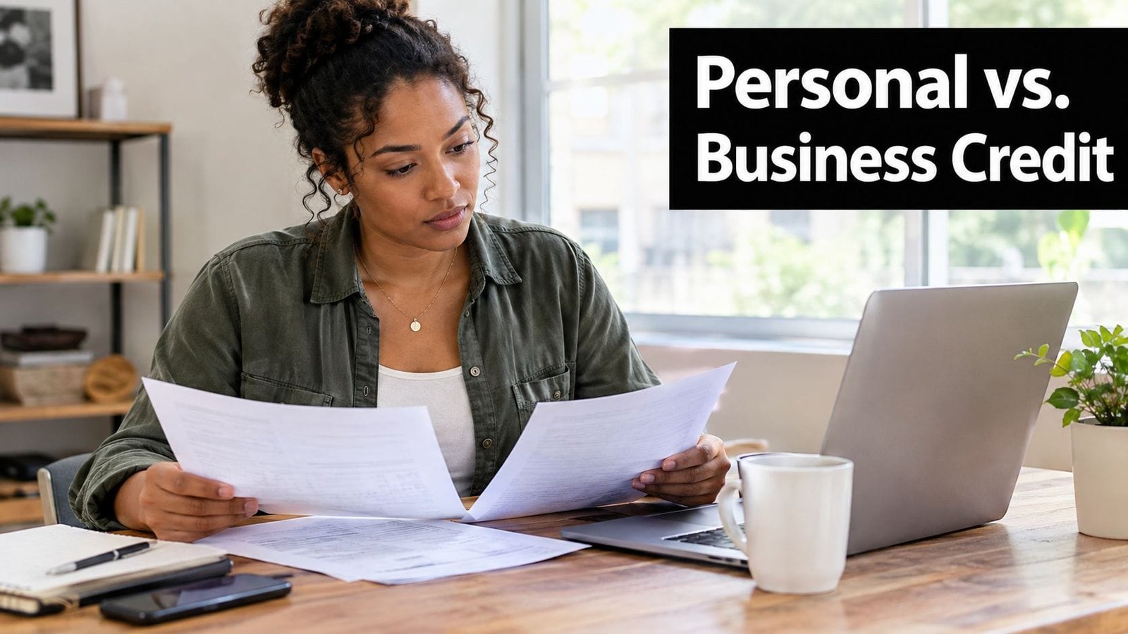 A woman reviewing financial documents while working at her desk, comparing personal and business credit options.