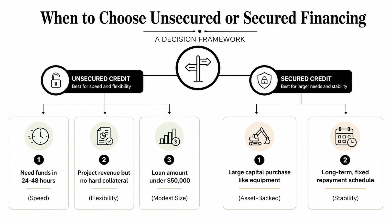 A decision framework infographic comparing when to choose unsecured versus secured credit based on business needs.