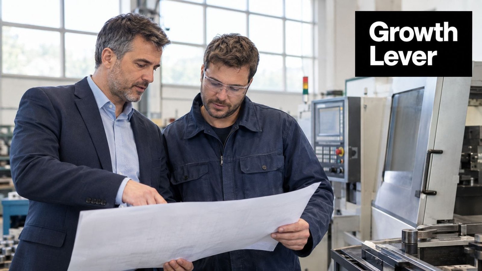 A professional manager and a factory worker reviewing technical blueprints together in a modern manufacturing facility.