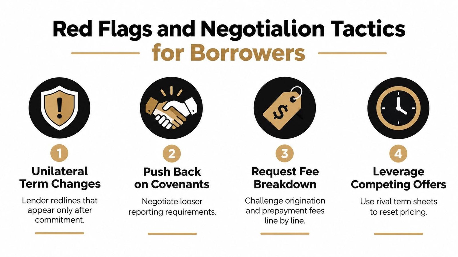 An infographic showing four essential tips for borrowers regarding red flags and negotiation tactics for loans.