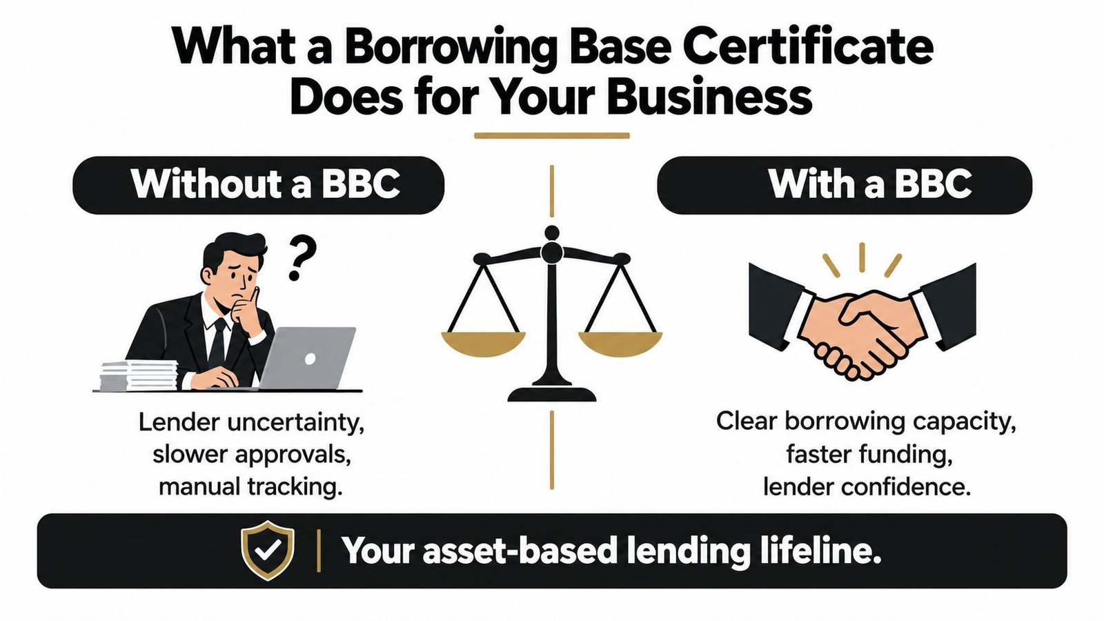 An infographic comparing business outcomes with and without a borrowing base certificate for asset-based lending.