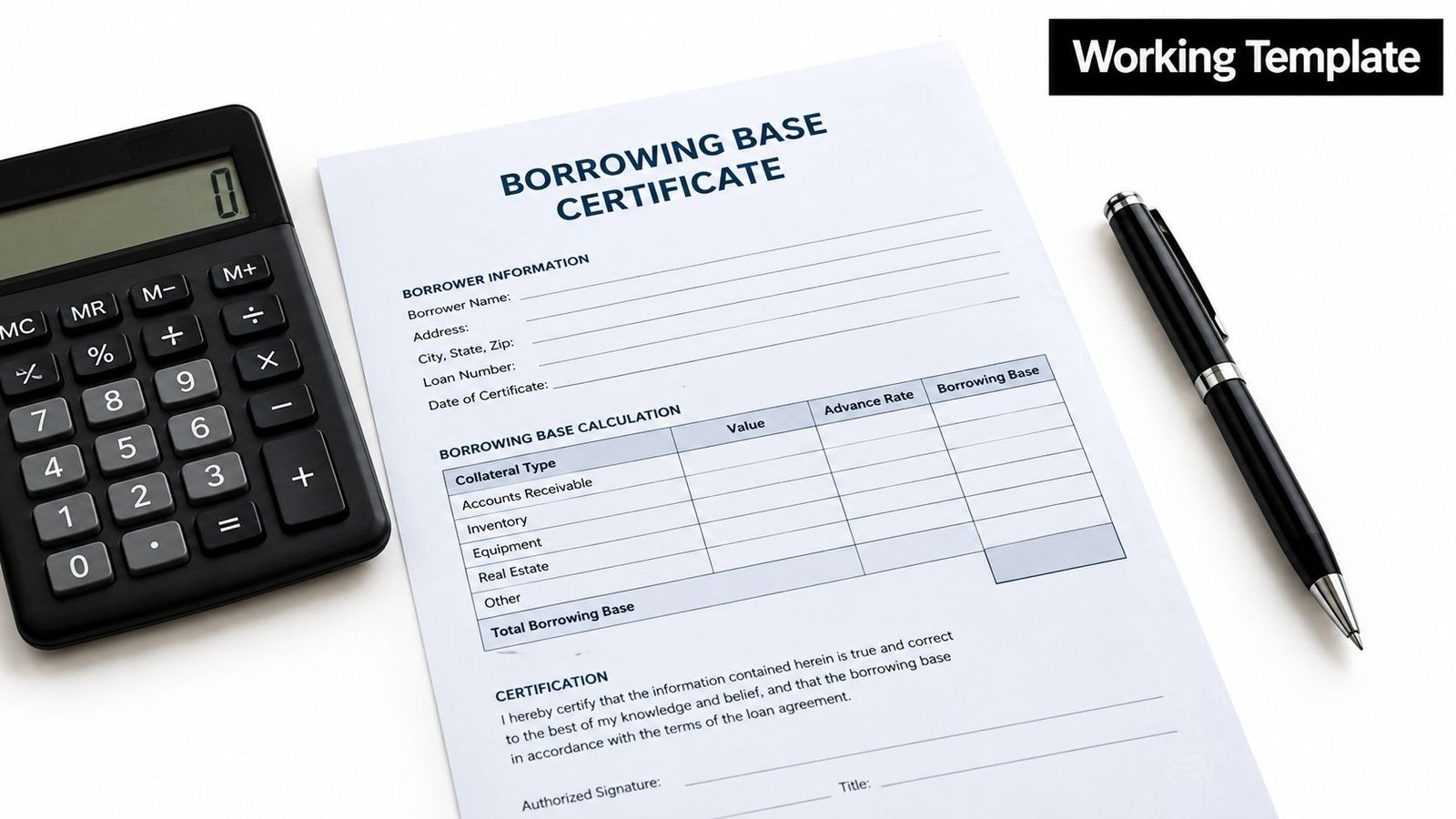 A printed borrowing base certificate document with a black calculator and a pen on a white desk.