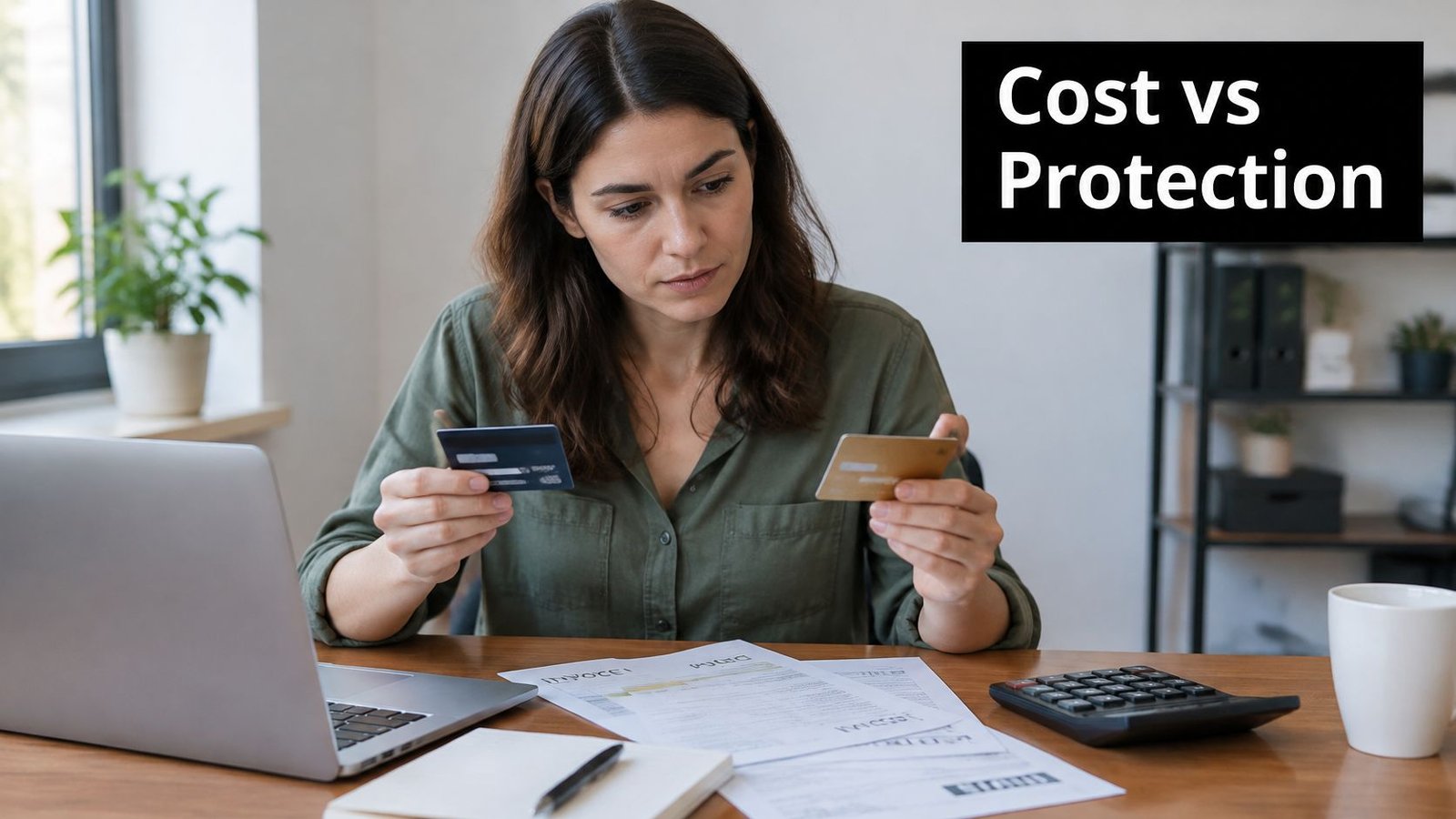 A businesswoman sitting at a desk with a laptop, calculator, and credit cards comparing financial documents.