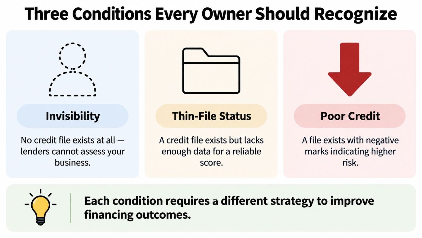 An infographic titled Three Conditions Every Owner Should Recognize, outlining invisibility, thin-file status, and poor credit.