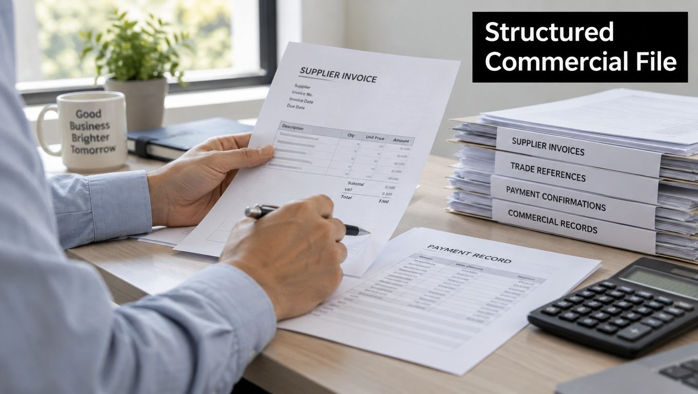A professional analyzing business invoices and payment records while sitting at an organized office desk.