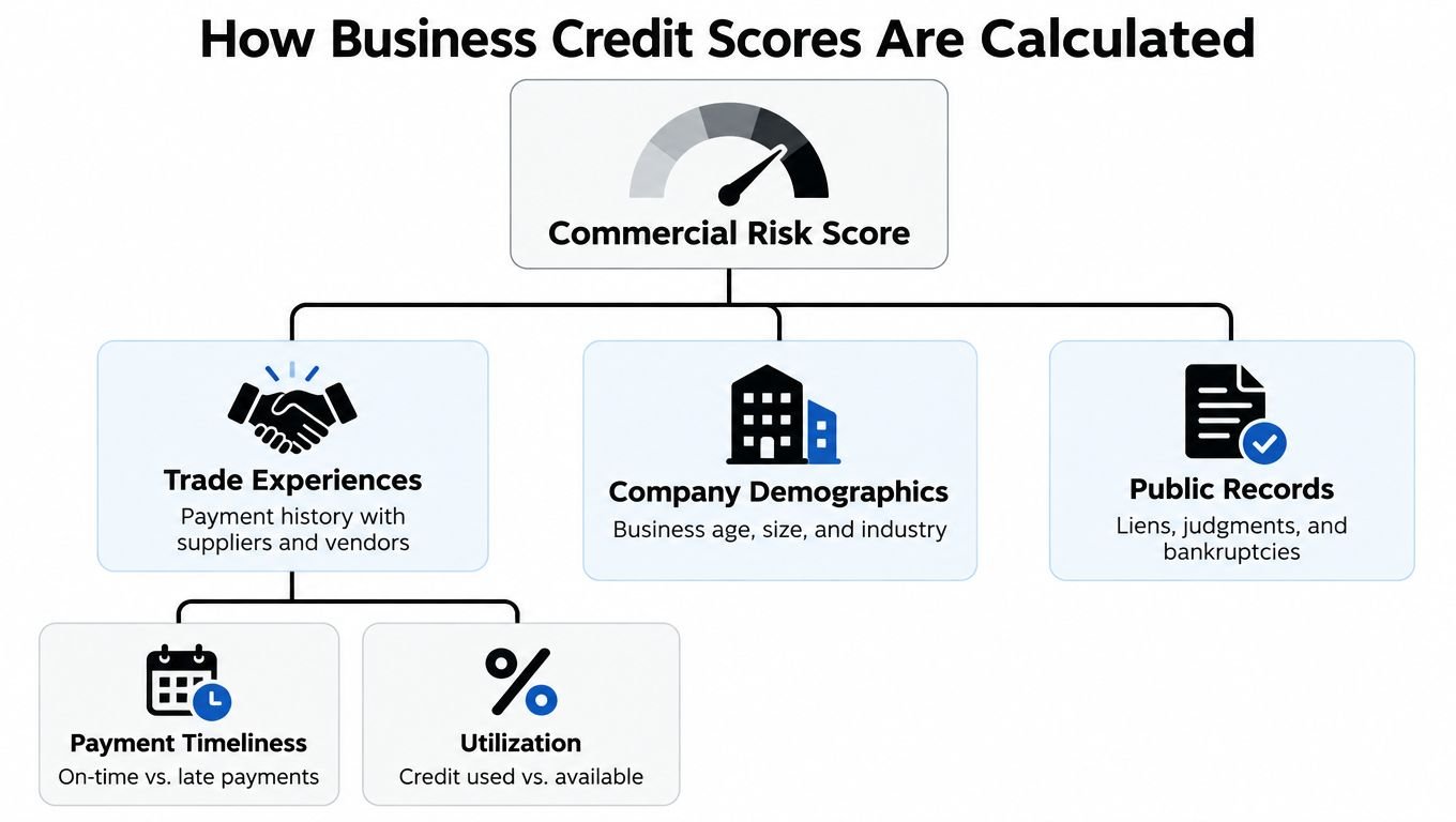 A diagram illustrating the three main components that calculate a commercial business credit score.