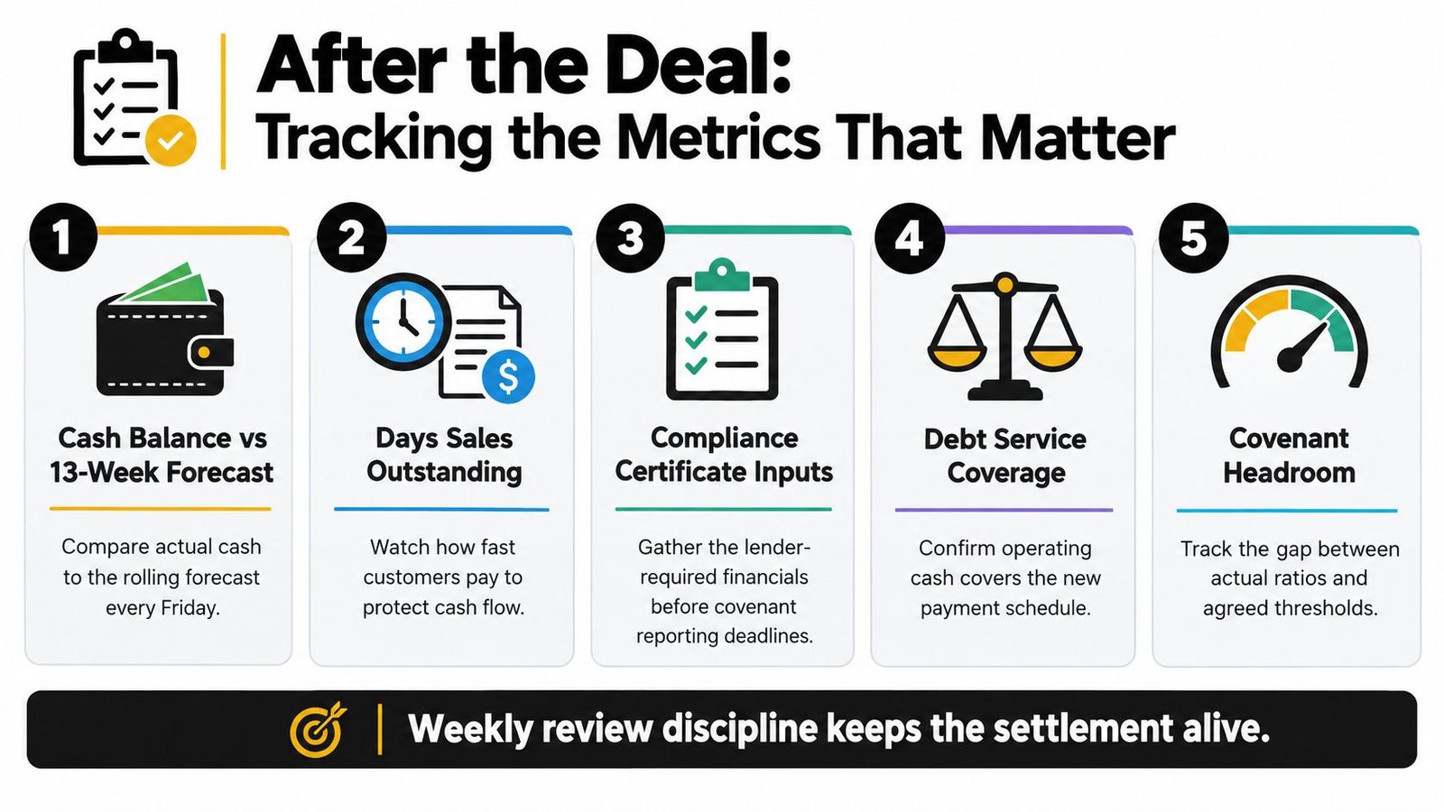 An infographic detailing five key financial metrics to track after completing a business debt negotiation deal.