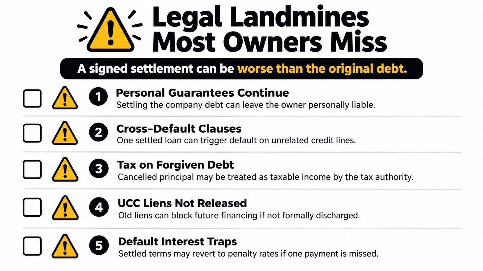 A list infographic highlighting five common legal risks business owners face when negotiating debt settlements.