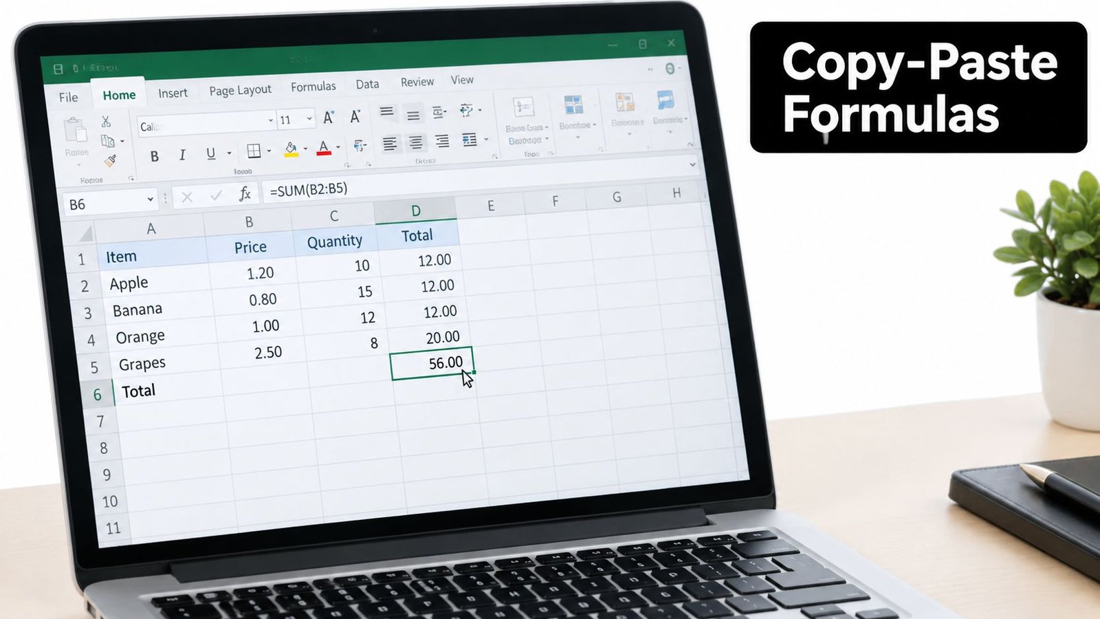 A laptop screen displaying an Excel spreadsheet with calculated total values and a formula bar visible.