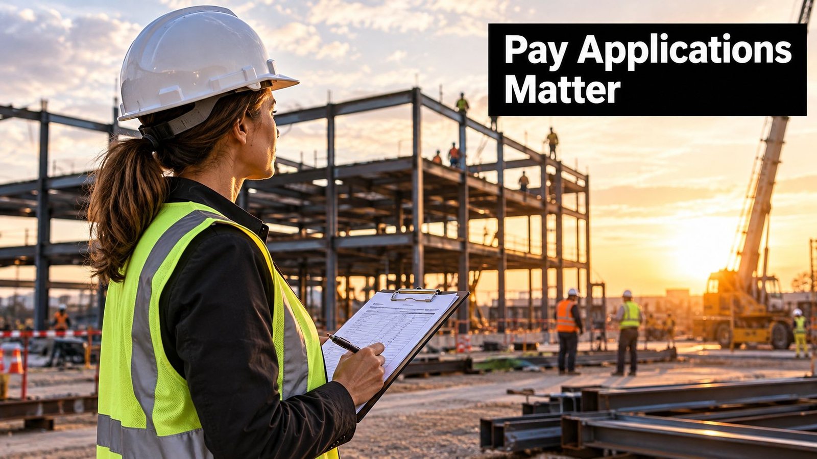 A female construction site inspector wearing a hard hat and safety vest reviewing documents on a clipboard.