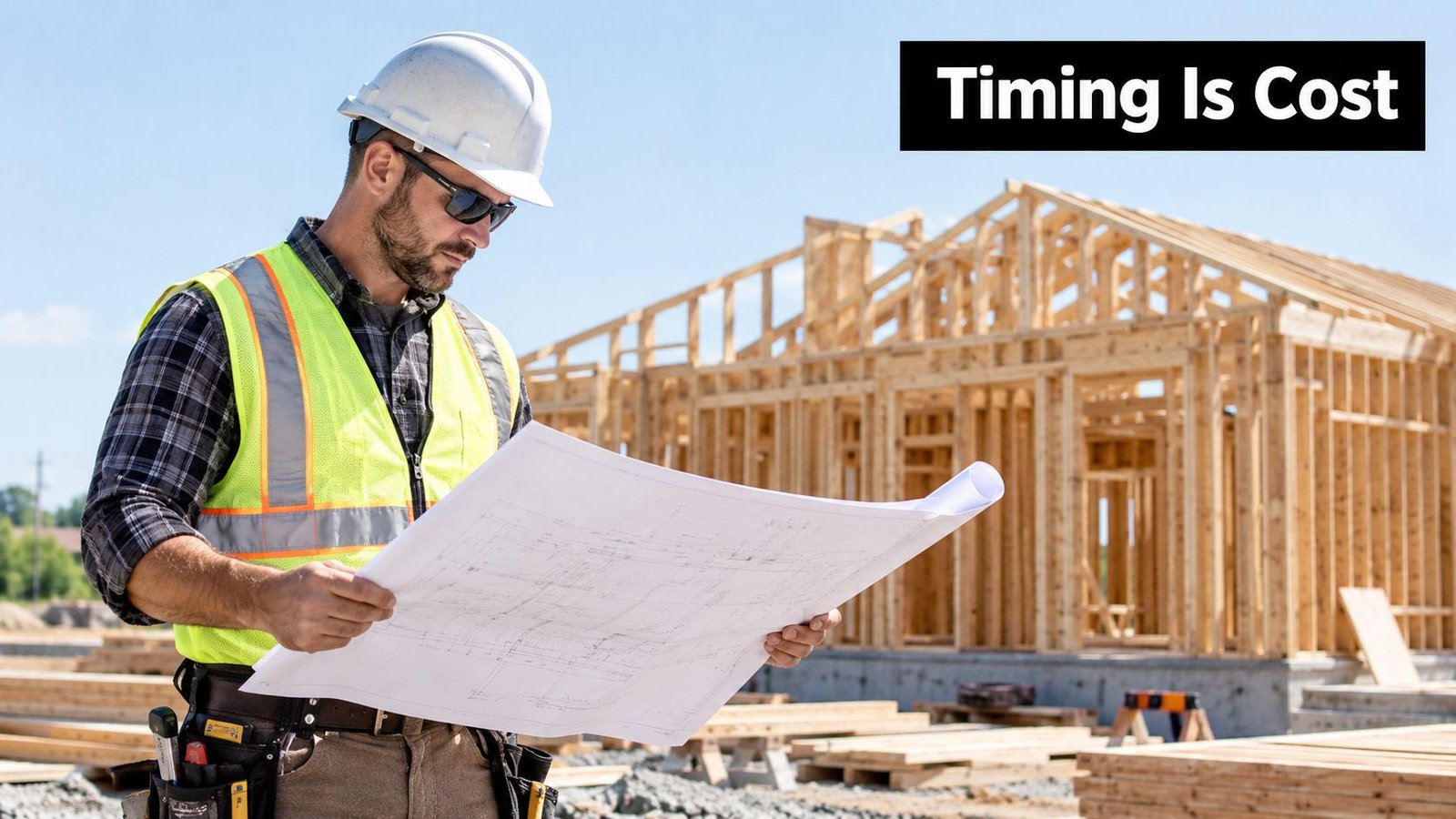 A construction foreman wearing a hard hat and safety vest reviews building blueprints at a job site.