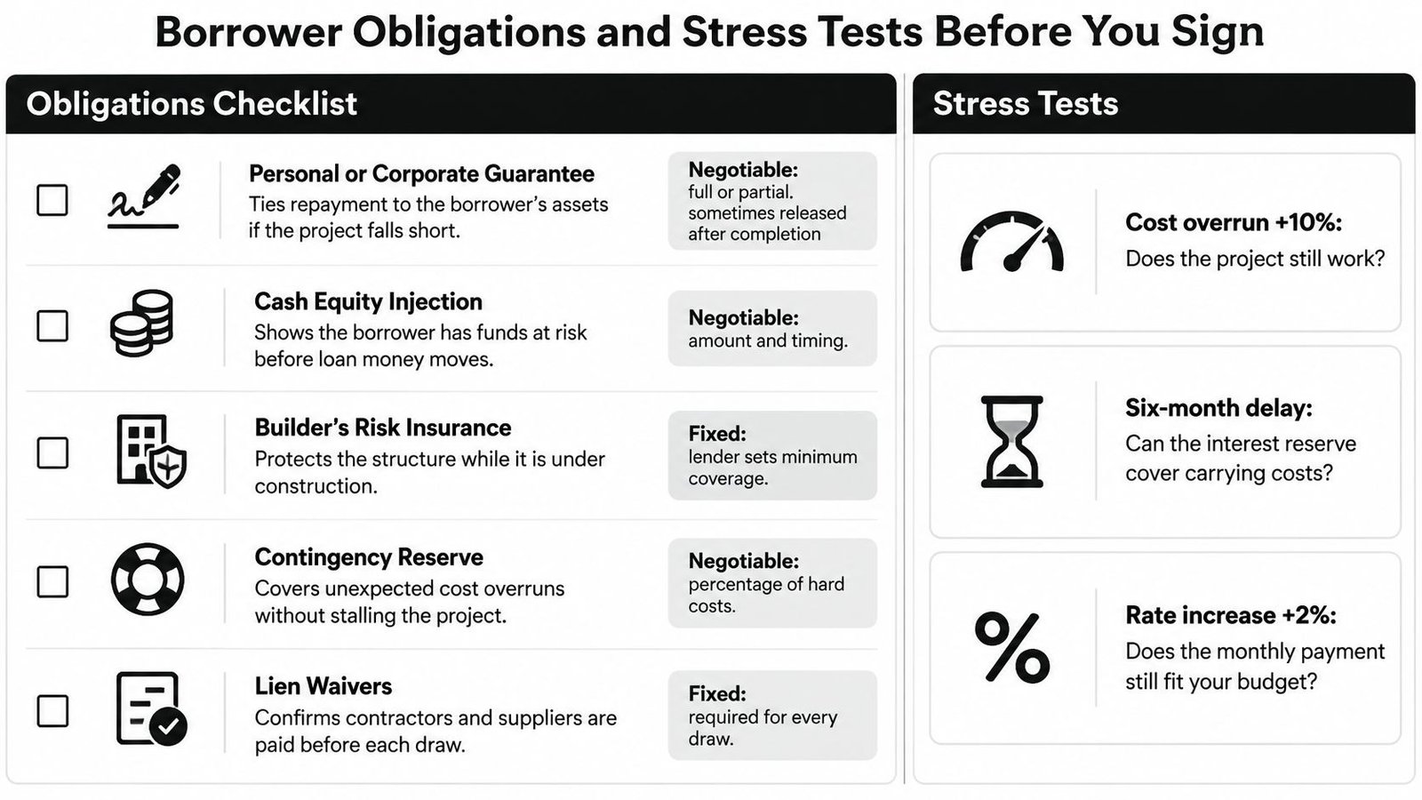 An infographic checklist for borrowers outlining essential obligations and financial stress tests before signing construction loans.