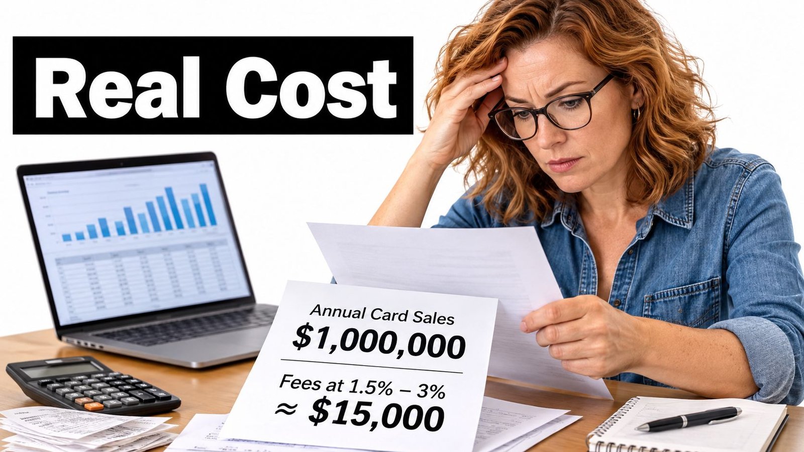 A concerned woman analyzing business financial documents related to credit card company fees on her office desk.