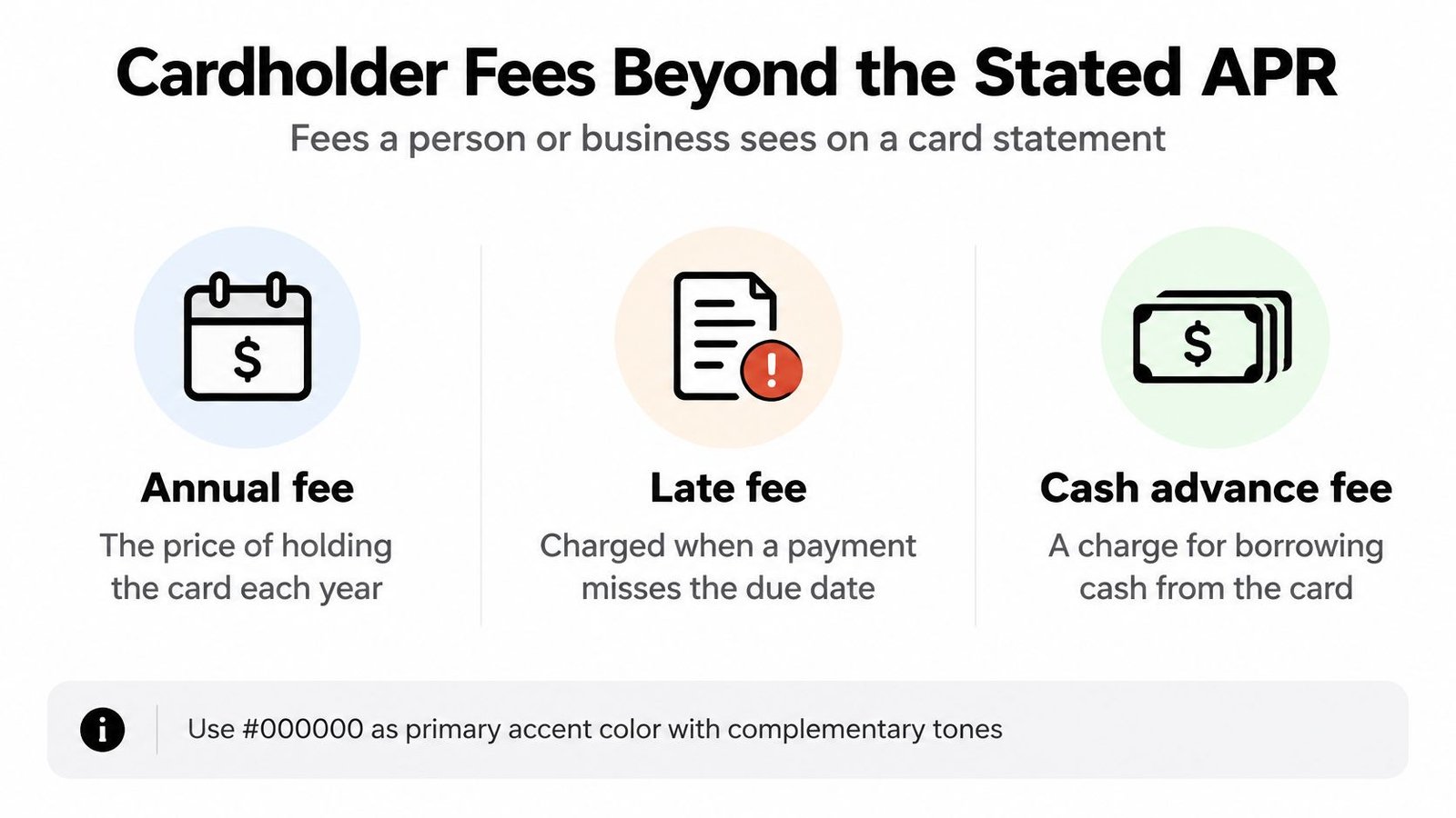 An infographic detailing common credit card fees including annual, late, and cash advance fees with simple icons.