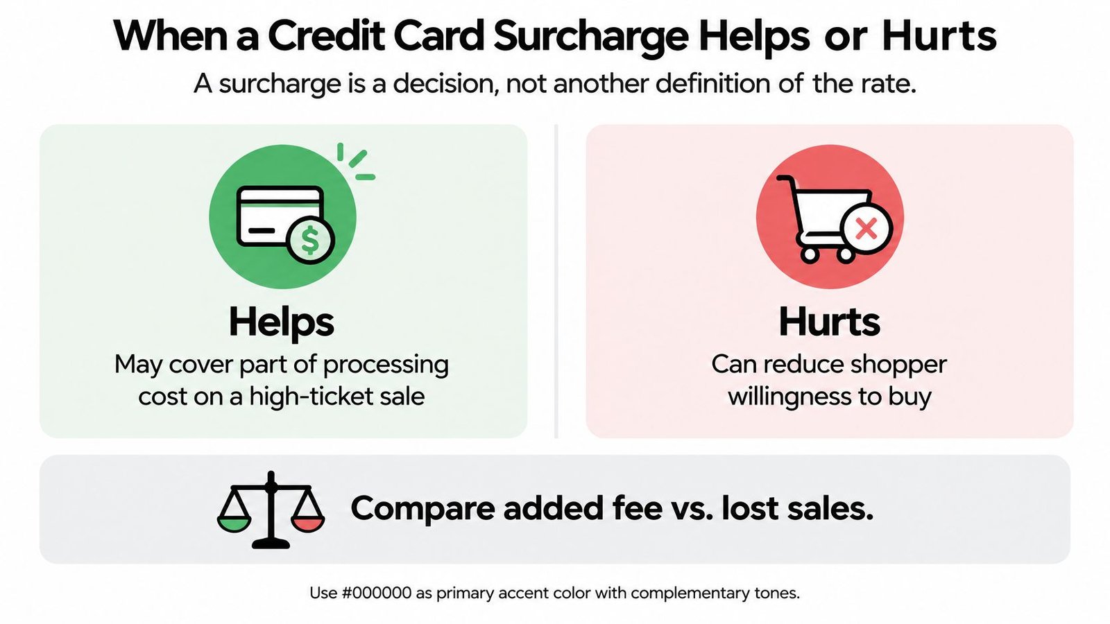 An infographic illustrating the pros and cons of implementing credit card surcharges for small businesses.